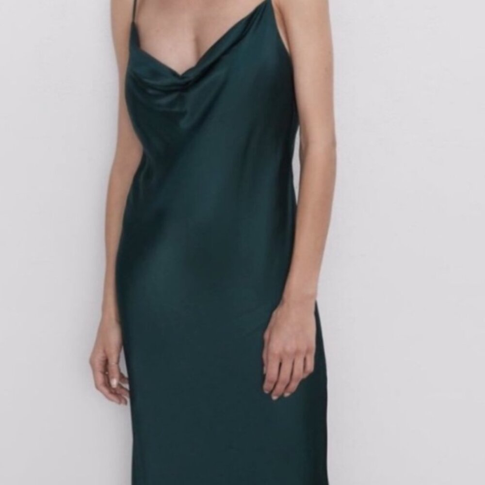 Zara Hunter Green Midi Satin Cowl Dress - Size - XS